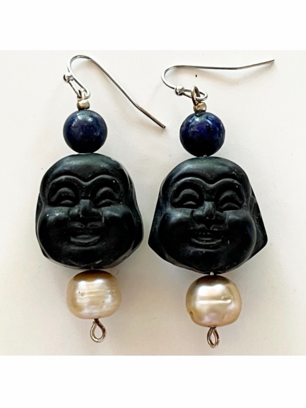 Laughing Buddha Earrings Carved Black Stone Onyx? Freshwater Pearls Dangle Boho